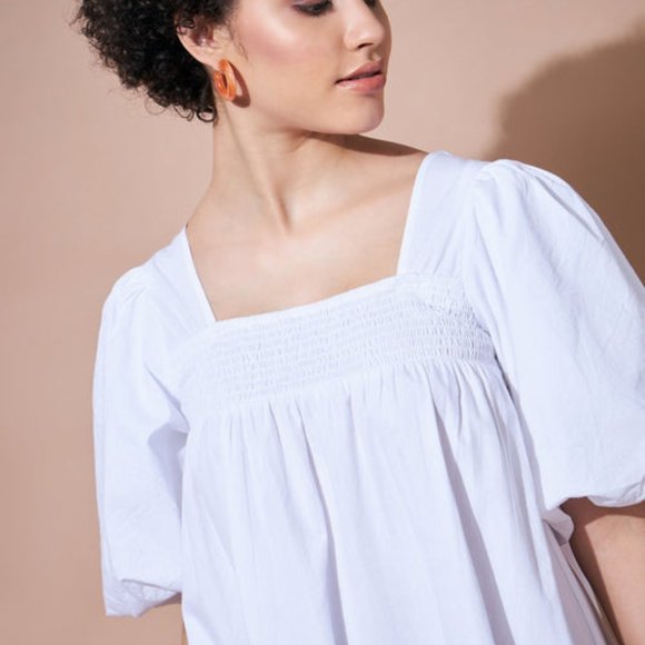 White Cotton Poplin Puff Sleeves Tiered Dress, - Picture 7 of 8